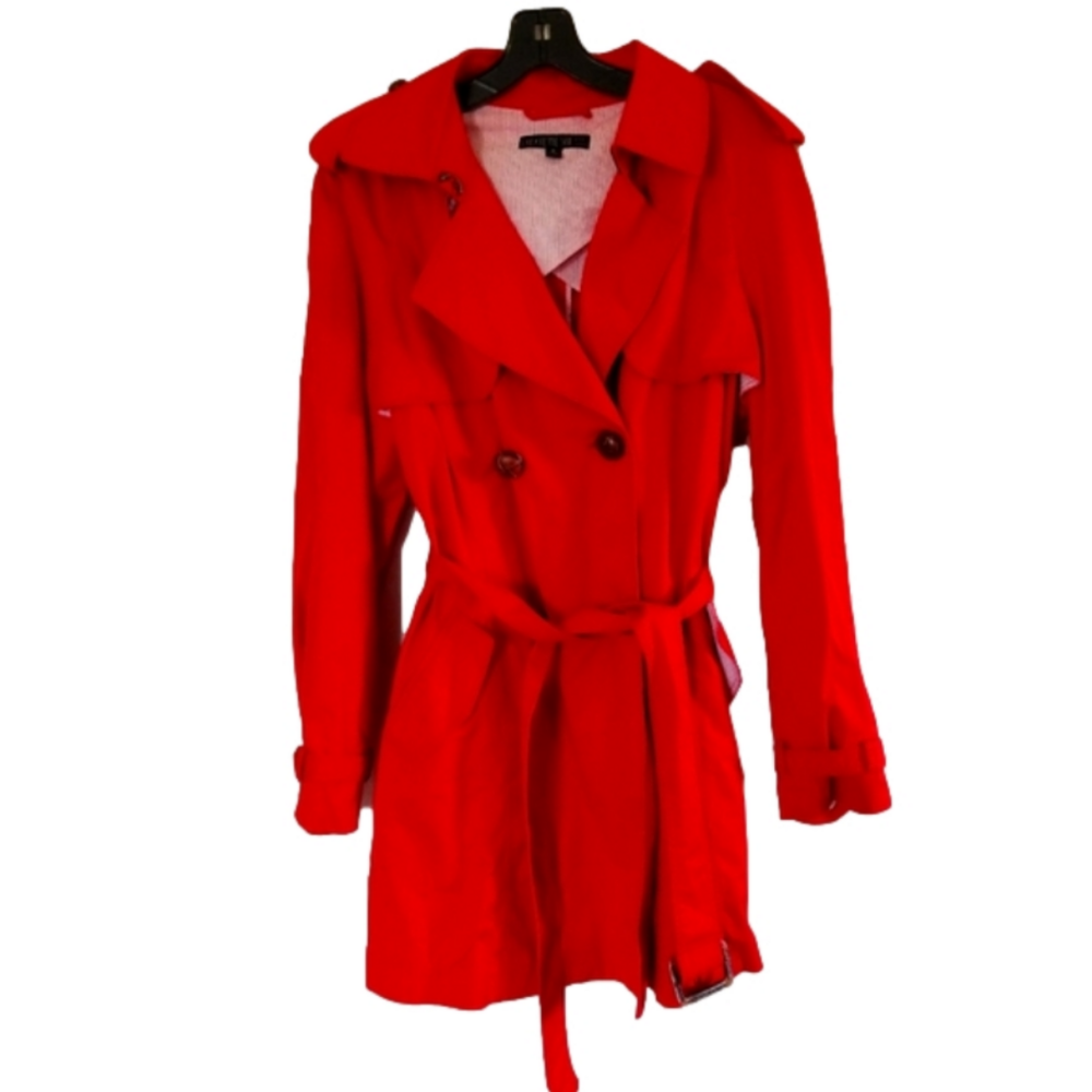 Lafayette 148 Lightweight Cherry Red Cotton Belted Double Trench Coat size 10